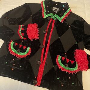 Vintage Berek‎ Christmas Holiday Cardigan Sweater Black Red Medium M